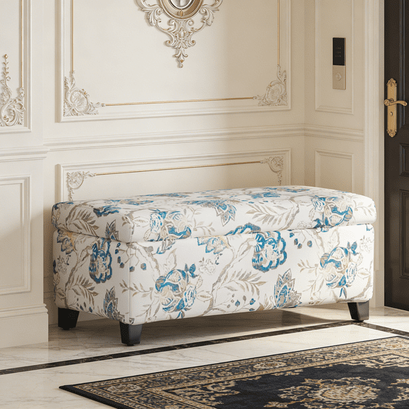 3-in-1 Multifunctional Storage Ottoman! Floral Patterned Fabric Footrest & Seat with Soft-Close Lid, Hidden Compartment for Blankets, Pillows for Living Room, Bedroom