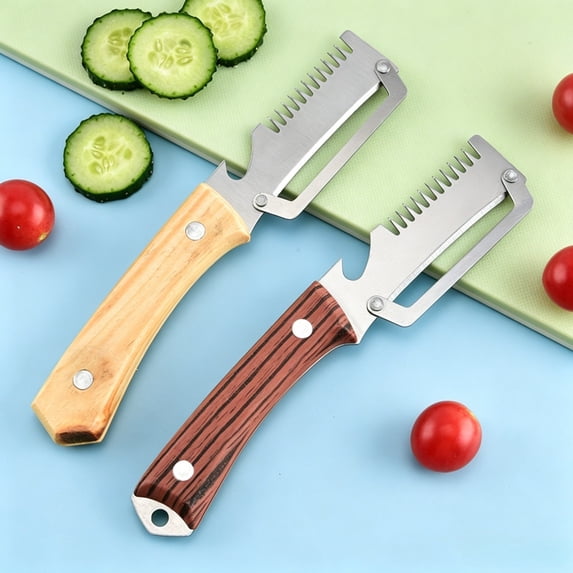 3 in 1 Multifunctional Vegetable Peeler with Wooden Handle and Bottle Opener Kitchen Tool for Slicing Shredding 7.3 inches