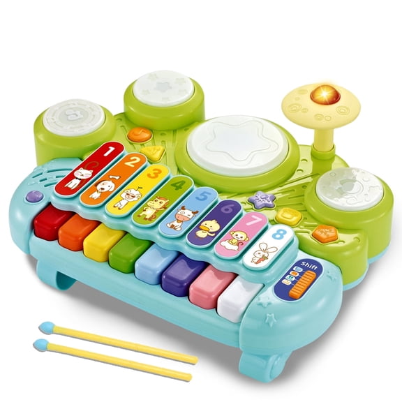 3-in-1 Music Piano Activity Table, Light Up Electronic Toddler Music Instrument, Baby DJ Table with Baby Keyboard, Xylophone and Baby Drum Set, Educational Learning Toy for Toddlers 1-3