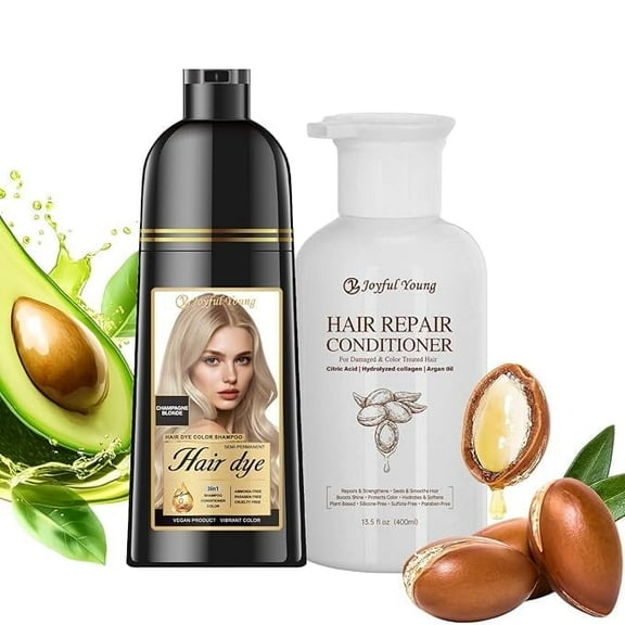 3-in-1 Natural Hair Dye Shampoo & Hair Repair Conditioner Bundle - Gray Coverage & Deep Moisture - Vegan, Sulfate-Free, Color-Safe - Argan Oil, Collagen - 2x400ml (CHAMPAGNE BLONDE)