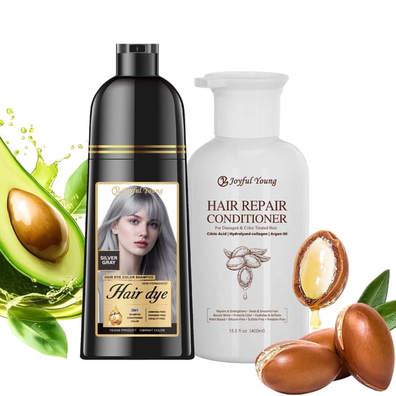 3-in-1 Natural Hair Dye Shampoo & Hair Repair Conditioner Bundle - Gray Coverage & Deep Moisture - Vegan, Sulfate-Free, Color-Safe - Argan Oil, Collagen - 2x400ml (NATURAL BLONDE)