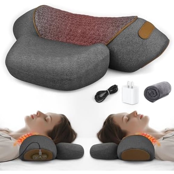 3-in-1 Neck Massager Pillow with Heat & Traction, Deep Tissue Cervical Traction Device for Neck Hump Corrector, Shoulder & Upper Back Pain Relief, Relaxing TheraPillow Support$$Bedding