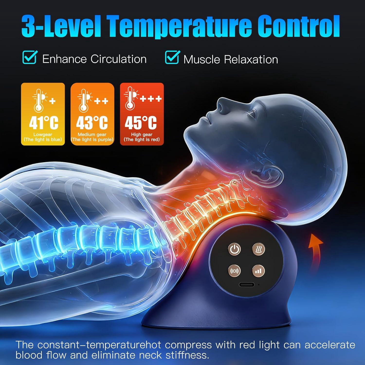 3-in-1 Neck Massager with Heat, Red Light & Vibration Adjustable, Heated Neck Stretcher for Pain Relief