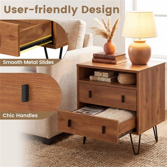 3-in-1 Nightstand 2 Drawers Industrial Hairpin Metal Legs End Table Bedroom For Home Walnut Finish 110Lb Capacity Storage Side Sofa Table Mid Century Modern Accent Easy Assembly Required