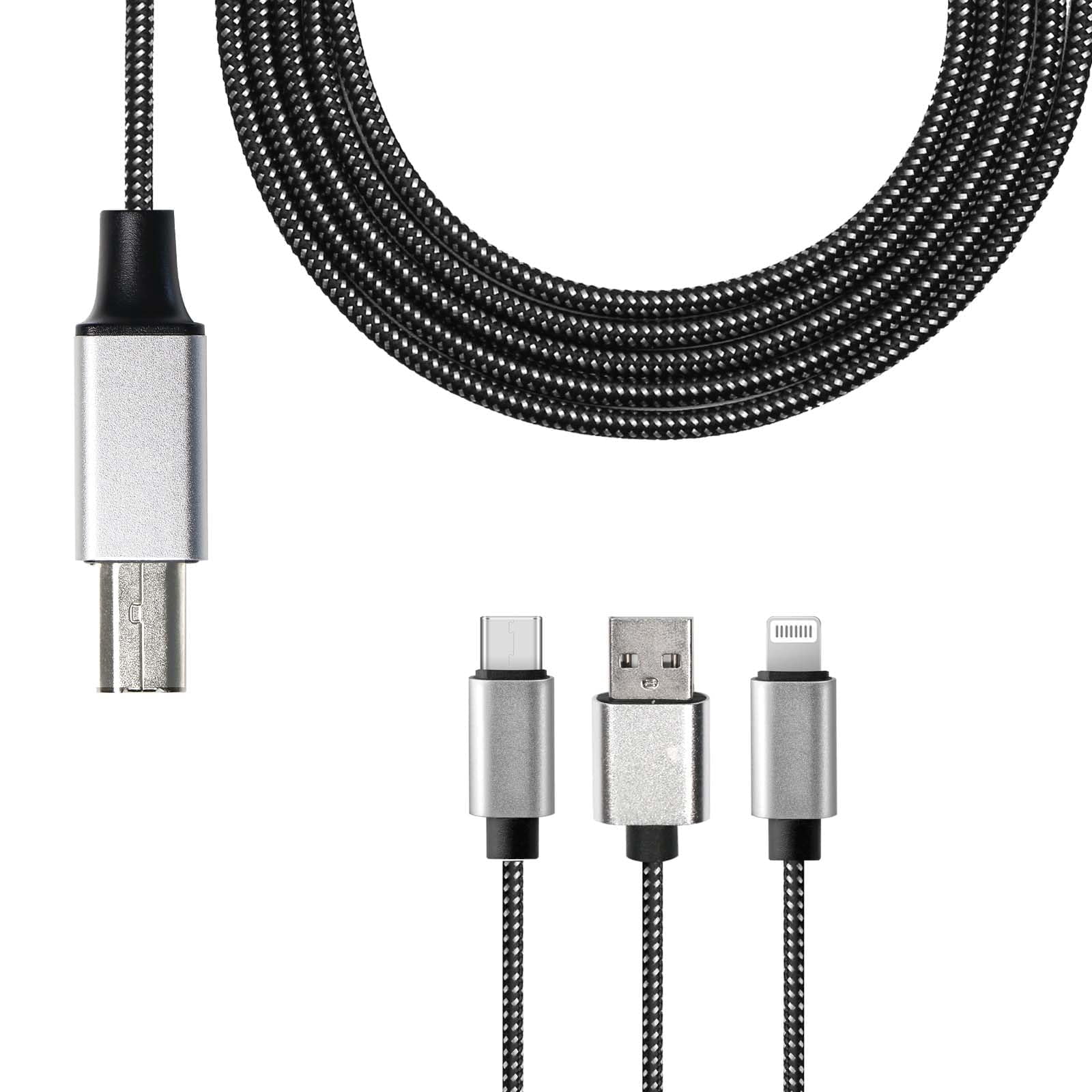 3-in-1 Nylon Braided USB B to USB A USB C Lightening Type-c Cable for Scanner, Printer, Midi controller, Keyboard, Piano, Audio interface, DAC, DJ Controller 6.6FT/2M