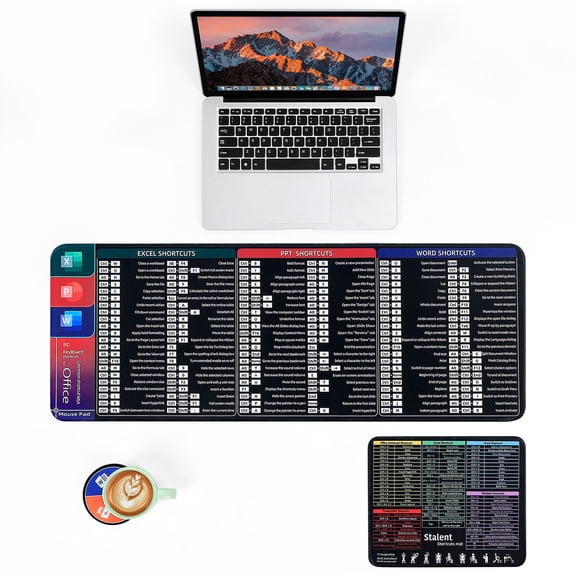3-in-1 Office Shortcut Keys Gaming Mouse Pad Set, 31.5"11.8" Extended Desk Mat, Waterproof Non-Slip Office Hotkey Pattern Keyboard Pad with Mouse Pad & Coaster