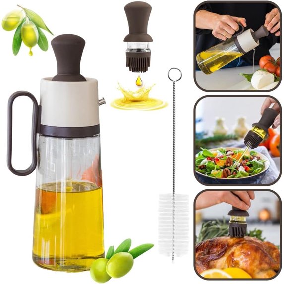 3-in-1 Olive Oil Dispenser Bottle for Kitchen with Brush and Straw Cleaner. Pour, Drizzle or Brush Vinegar, Soy Sauce and Cooking Oil Container. 18.6oz Glass Oil Cruet/Leakproof Spout (Brown)