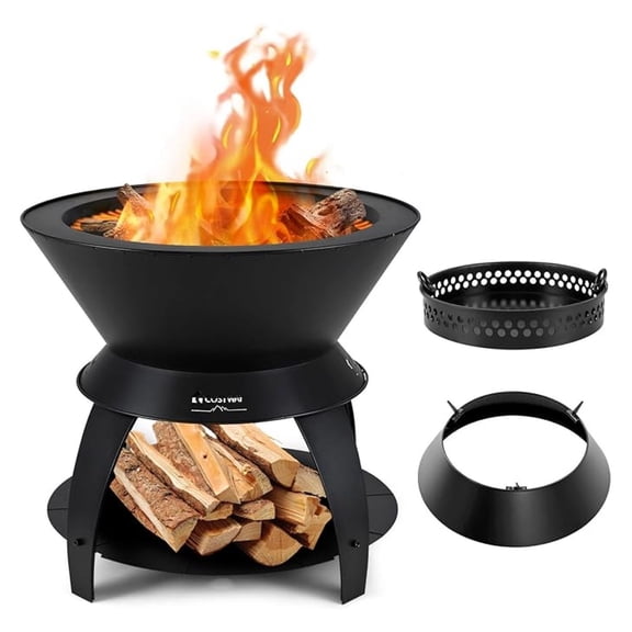 3-in-1 Outdoor , 20" Wood Burning with Removable Wok Ring, Pan & Storage Shelf, Oxygen-Enriched Burning, Heavy-Duty Portable Fire Bowl for Camping, Backyard, Patio, BBQ