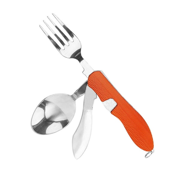 3-in-1 Outdoor Camping Utensils, Fruit Cutter For Home Party Office Portable Stainless Steel Spoon, Fork and Knife Combo Set - Travel, Backpacking Cutlery Multitool (Orange)