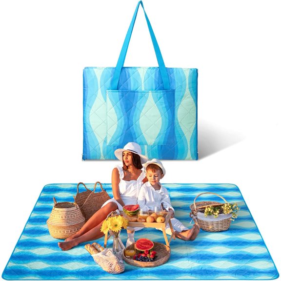 3 in 1 Outdoor Picnic Blanket, Padded 3 Layers Beach Blanket, 80x60'', 4 Person, Easy to Fold, Waterproof for Lawn,Camping, Park (Blue)