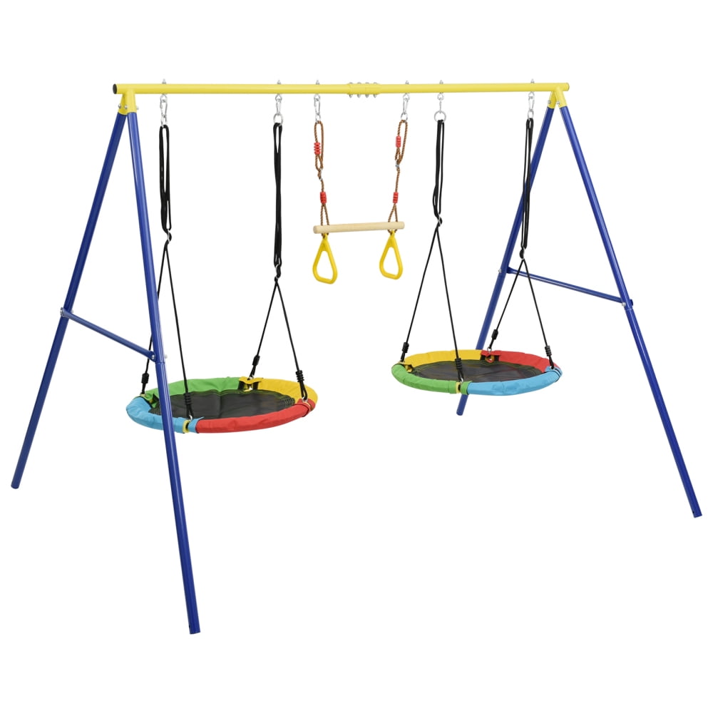 3 in 1 Outdoor Steel Frame Saucer Swing Set, Backyard Playground Swing