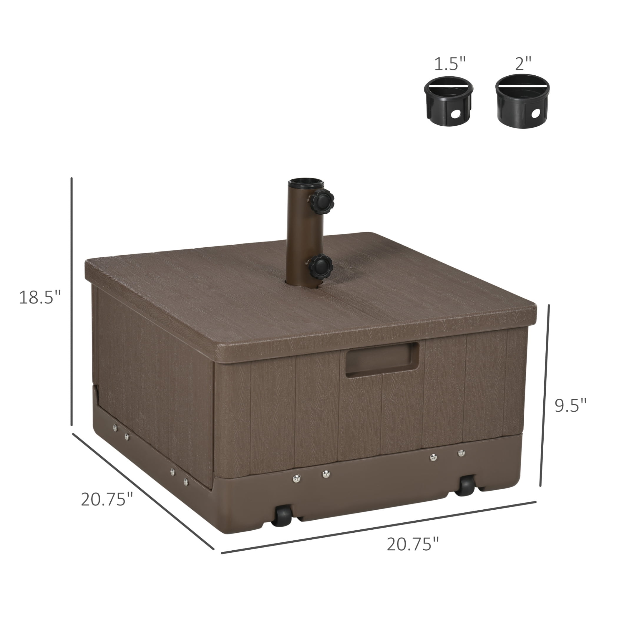 3-in-1 Outdoor Umbrella Base, Coffee End Table, Flower Box Planter, 175lbs Capacity Patio Umbrella Stand Table with Wheels and Handles, Brown