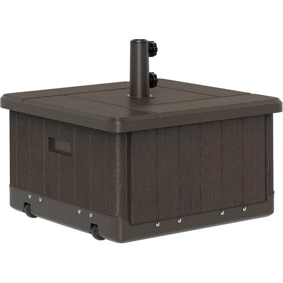 3-in-1 Outdoor Umbrella Base, Coffee End Table, Planter Box with Drain Hole, 175 lbs. Capacity Heavy Duty Fillable Patio Umbrella Stand Table with Wheels and Handles for Deck, Poolside, Brown