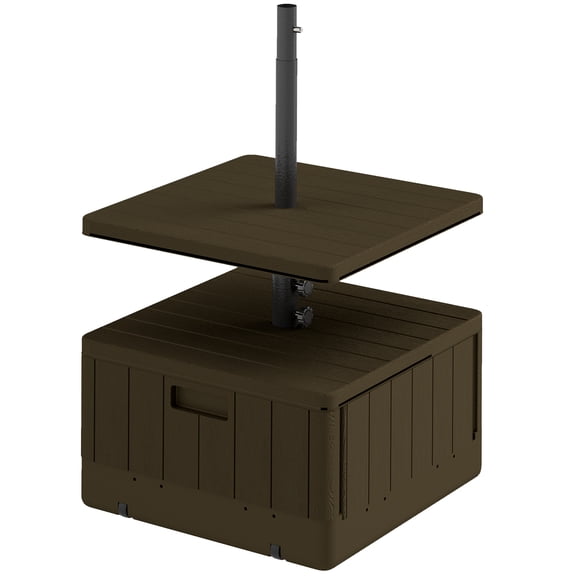 3-in-1 Outdoor Umbrella Base with Table Tray, Coffee End Table, Planter Box with Drain Hole, 175 lbs. Capacity Heavy Duty Fillable Patio Umbrella Stand Table with Wheels and Handles, Brown