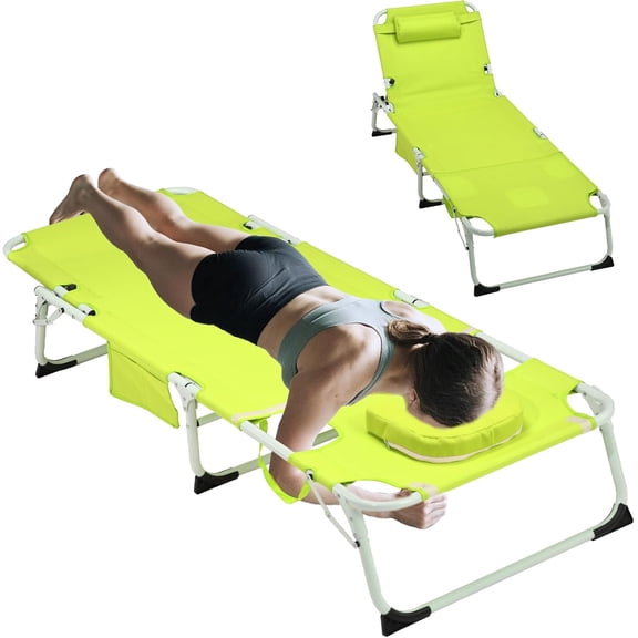 3-in-1 Oversized Outdoor Folding Lounge Chair with Mat, Heavy Duty 5-Position Adjustable Beach Recliner with Face Cavity and Pillow for Lawn Poolside, Green