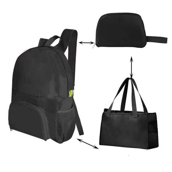 3-in-1 Packable Travel Backpack, Foldable Tote Bag with Compact Pouch, Waterproof Lightweight Daypack for Commuting, Hiking, Gym, and Weekend Trips, Black