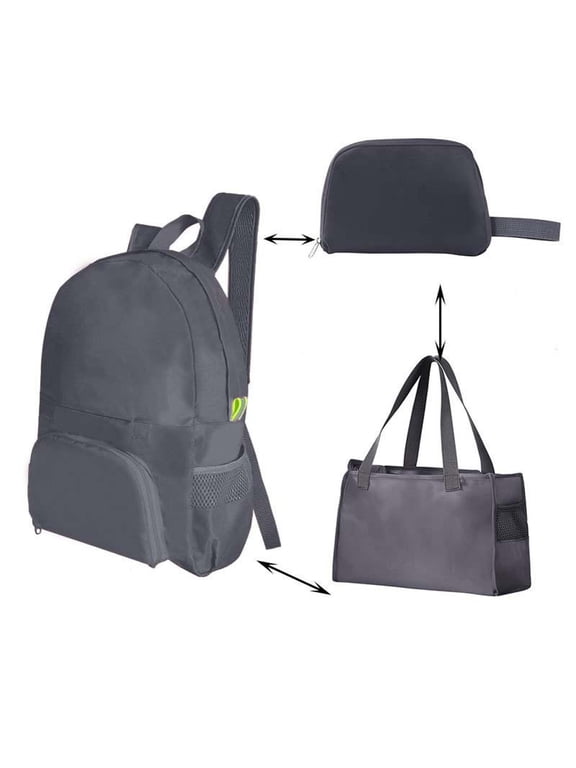 3-in-1 Packable Travel Backpack, Foldable Tote Bag with Compact Pouch, Waterproof Lightweight Daypack for Commuting, Hiking, Gym, and Weekend Trips, Gray