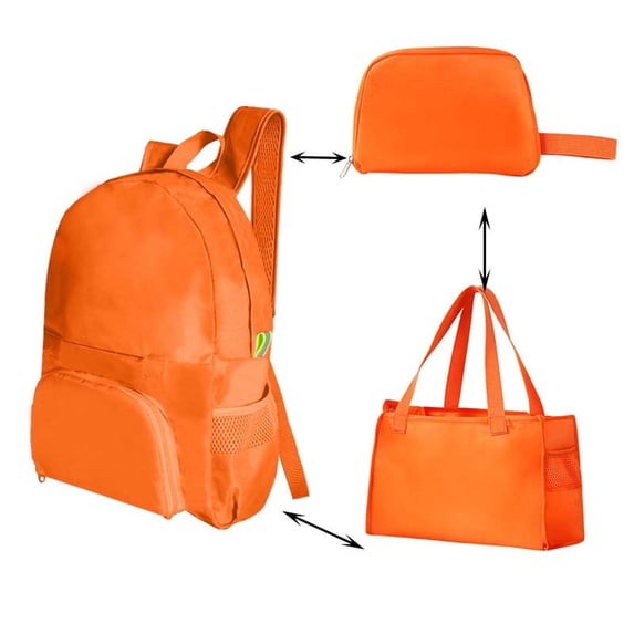 3-in-1 Packable Travel Backpack, Foldable Tote Bag with Compact Pouch, Waterproof Lightweight Daypack for Commuting, Hiking, Gym, and Weekend Trips, Orange