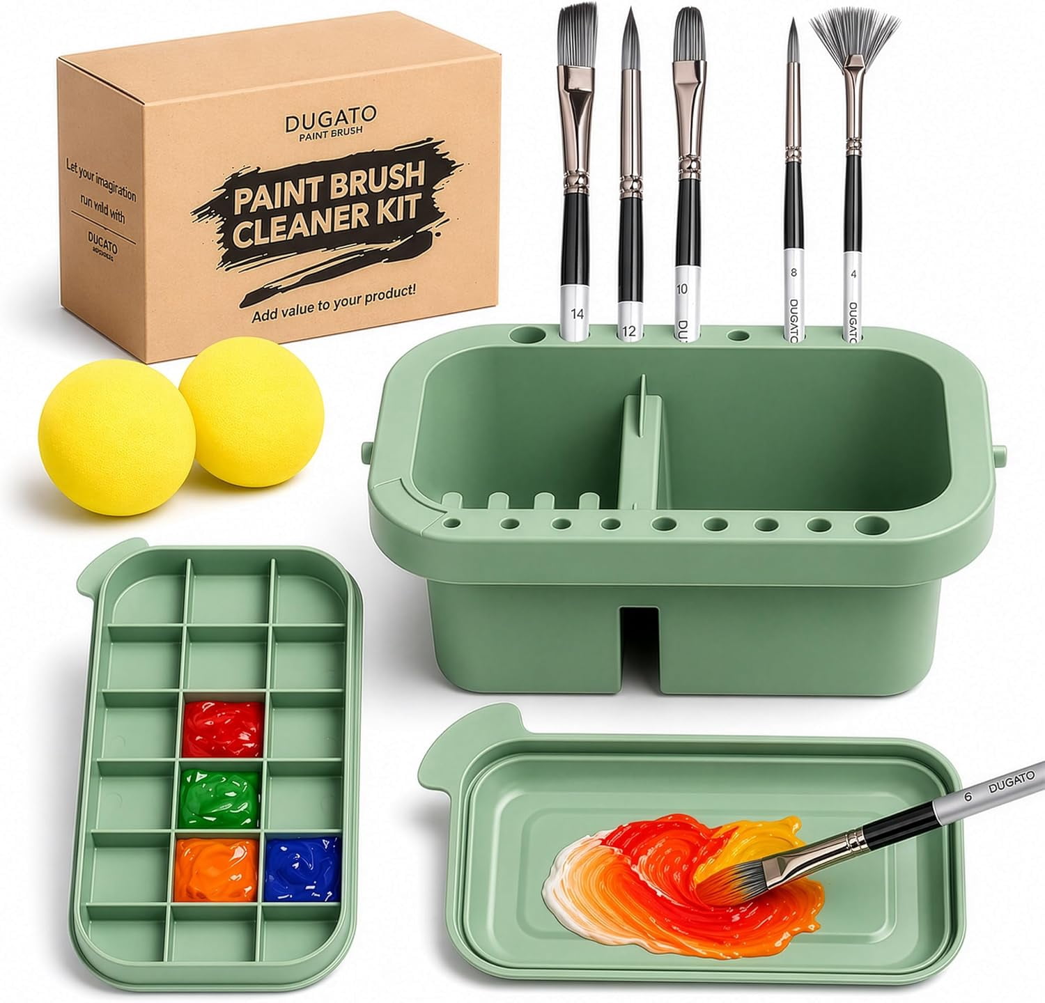 3-in-1 Paint Brush Cleaner, Washer, Holder & - Artist Basin with Lid & Sponges for Acrylic, Watercolor, Oil Painting - Art Studio Organizer (Green)