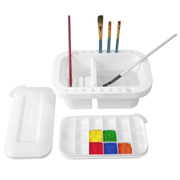 3-in-1 Paint Brush Washer Cleaner Holder with 16 Holes & 18-Well Palette, Plastic Art Brush Organizer for Acrylic Watercolor Oil Painting, Single Pack White