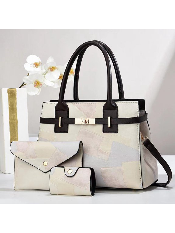 3-in-1 Patchwork Women Handbag Bundle, Vintage Faux Leather Top Handle Satchel, Multi-Piece Shoulder Crossbody Bag Set for Casual & Office Use