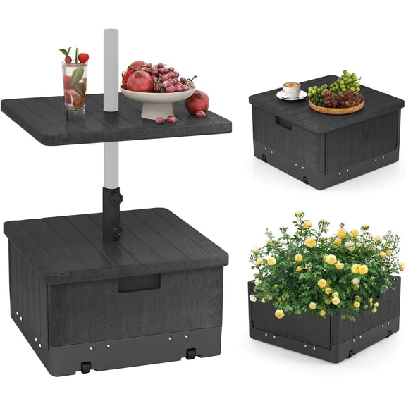 3-in-1 Patio Umbrella Base, 175 LBS Moveable Umbrella Stand w/Table Tray & Weighted Bag, Side Handles, HDPE Frame, 2 Pole Adapters, Garden Coffee Table Planter Box (Black)