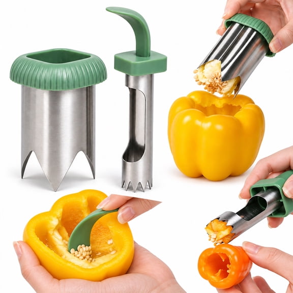 KYJiuLiu 3-in-1 Pepper Seed Remover,430 Stainless Steel Bell Pepper and Jalapeno Corer Tools,Nesting Design,1 Set