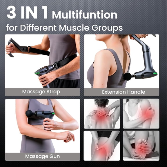3-in-1 Percussion Massage Gun with Extension Handle - Detachable Deep Tissue Massager for Back, Neck, Shoulder, Arms, Thigh Pain Relief