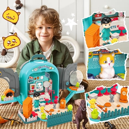 3 in 1 Pet Carrier Backpack Toy for Kids, Pretend Play Vet Set with Hair Dryer & Accessories