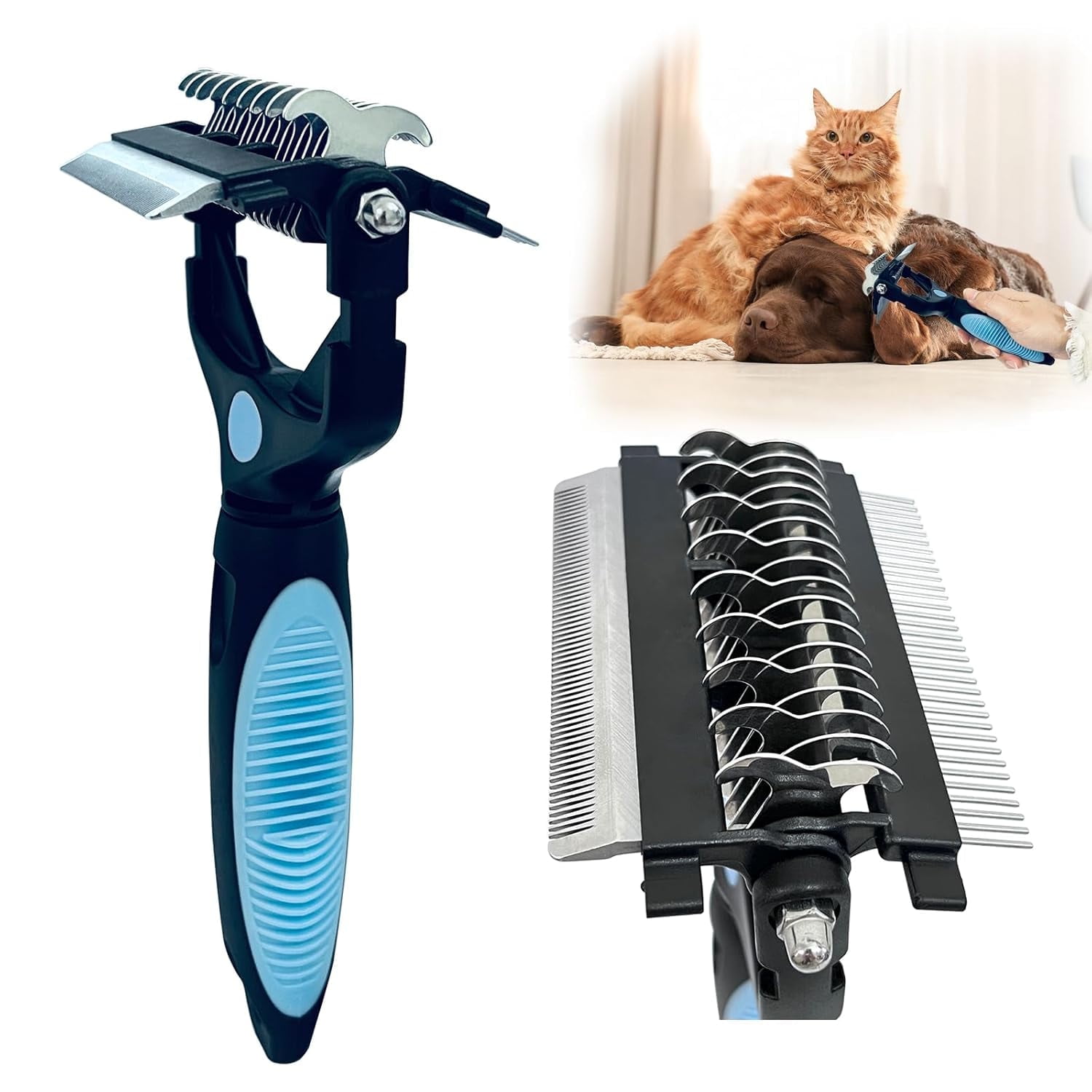 3-in-1 Pet Grooming Brush for Dogs&Cats,Double Sided Deshedding Tool with Stainless Steel Teeth,Detangler Comb & Undercoat Rake | Ergonomic Handle for Matted Fur Removal,Safe for Long/Short Hair