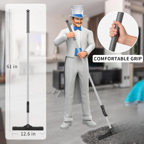 3 in 1 Pet Hair Rubber Broom  Built-in Squeegee 61" Adjustable Handle with Microfiber Cloth
