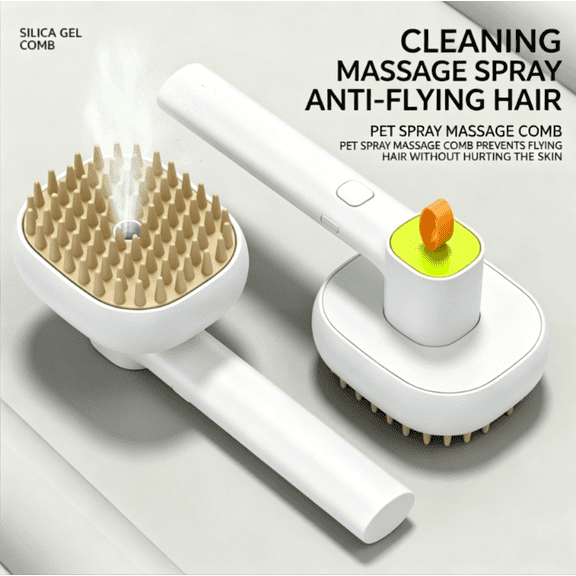 3-in-1 Pet Spray Massage Comb for Cats & Dogs, Soft Silicone Bristles, Anti-Static Detangling Brush, Electric Steam Grooming Tool to Remove Loose Fur & Prevent Flying Hair, Gentle on Sensitive Skin