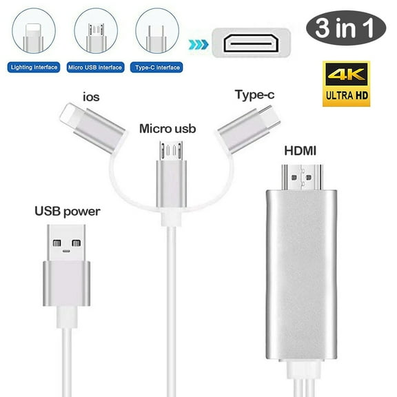 3 in 1 Phone to HDMI Cable, Mirroring Cellphone Screen to TV/Projector/Monitor Adapter, 1080P Resolution for iOS and Android Devices (Silver)