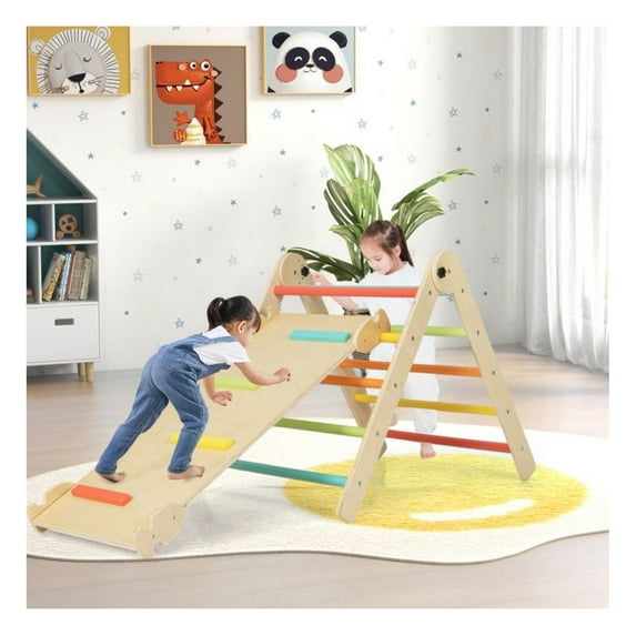 3-in-1 Pikler Triangle Climbing Toys for Toddlers - Foldable Wooden Climbing Frame with Ramp, Adjustable Height - Indoor Outdoor Play Gym for 3+ Year Olds, ASTM/CPSIA Certified