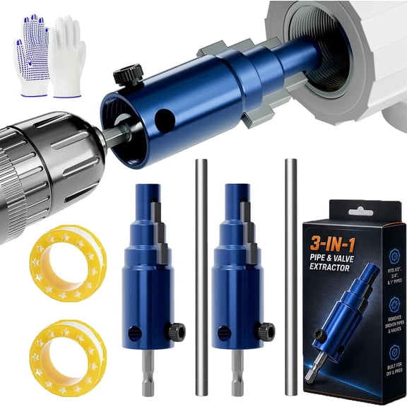 3-in-1 Pipe & Valve Extractor, Adjustable Pipe Thread Remover for 1/2", 3/4" & 1" Pipes, Drill & Wrench Compatible Tool for Broken Pipe Threads, Faucet Bolts & Angle Valves