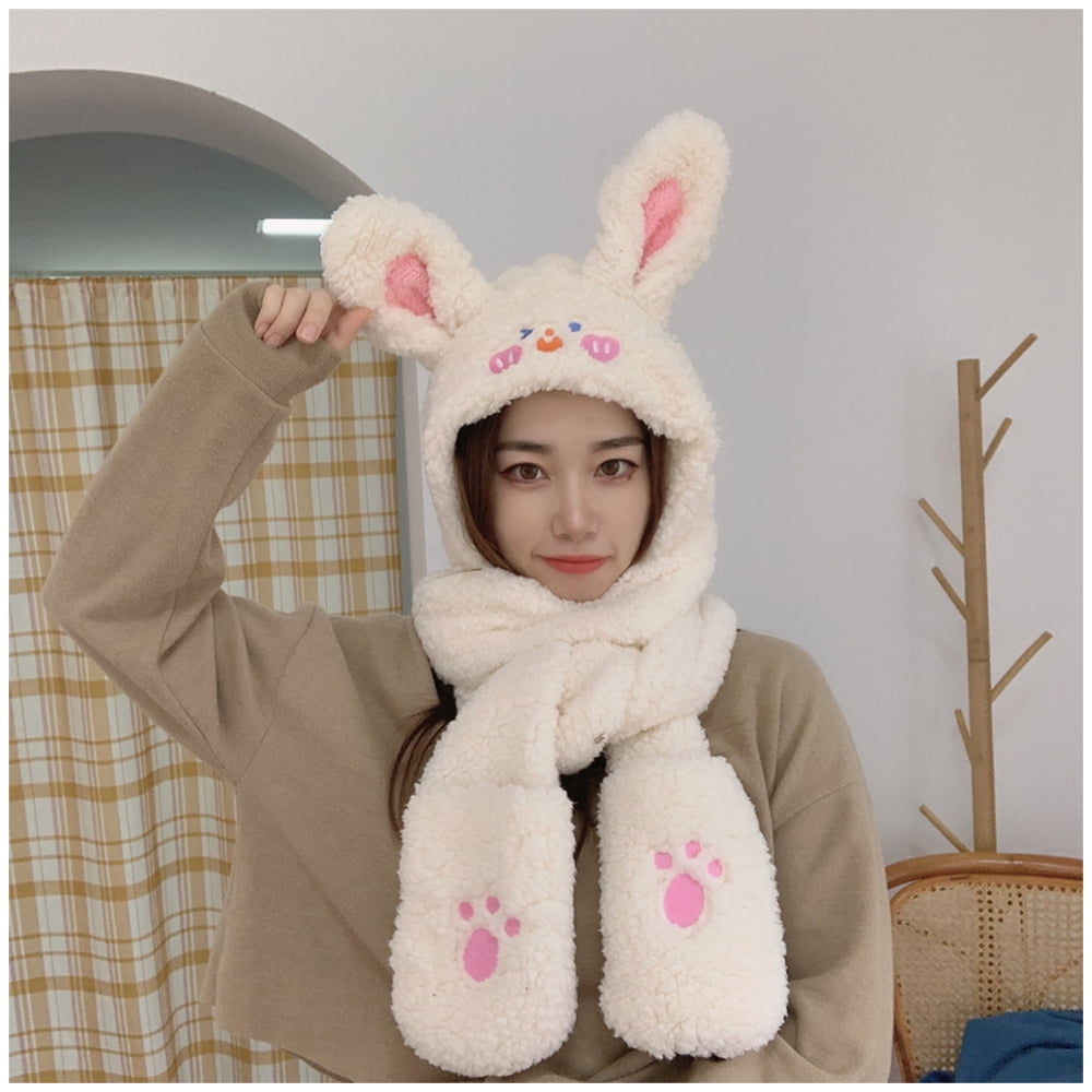 ゆか様manimaris Bunny scarf 3 in 1 Plush Bunny Beanie Hat with Exquisite Embroidery Coral