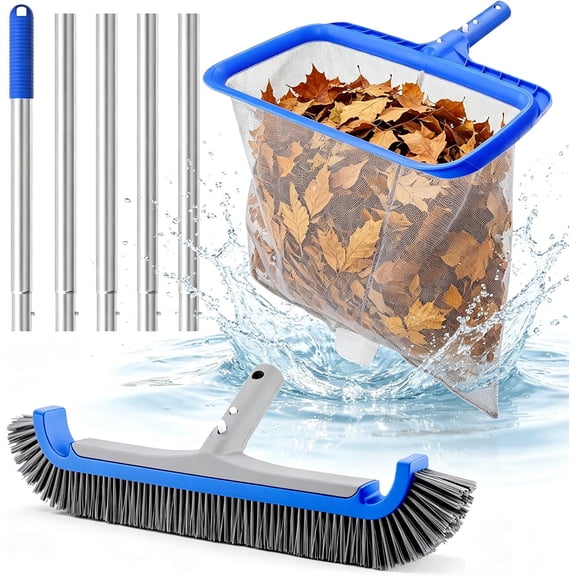 3-in-1 Pool Cleaning Kit Includes Leaf Rake Net, Wall Brush & Pole | Daily swimming pool maintenance set; For aboveground & in-ground Pool, SPA, pond, fountain; Easy to store; Durable frame