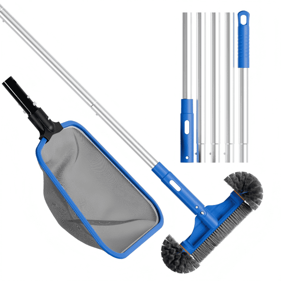 WaterJingle 3-in-1 Pool Cleaning Kit with 70.5" Adjustable Pole, Semi-Deep Skimmer Net & 12" Round Brush - Heavy Duty Maintenance Set for Above Ground Pools