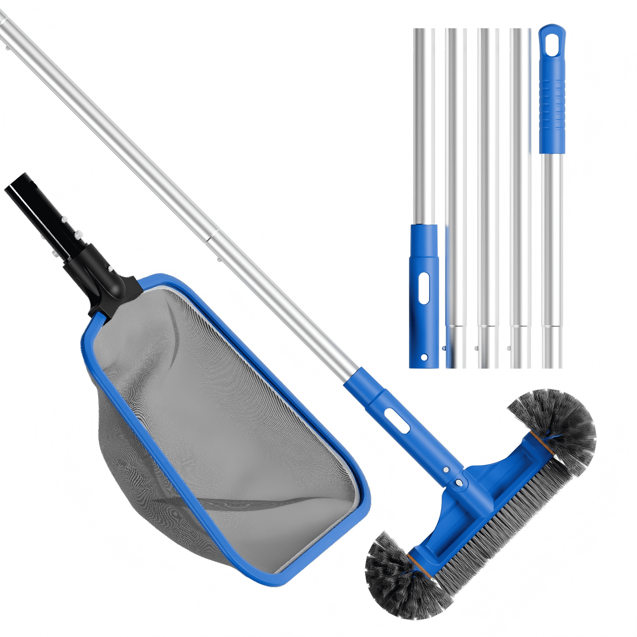 WaterJingle 3-in-1 Pool Cleaning Kit with 70.5" Adjustable Pole, Semi-Deep Skimmer Net & 12" Round Brush - Heavy Duty Maintenance Set for Above Ground Pools