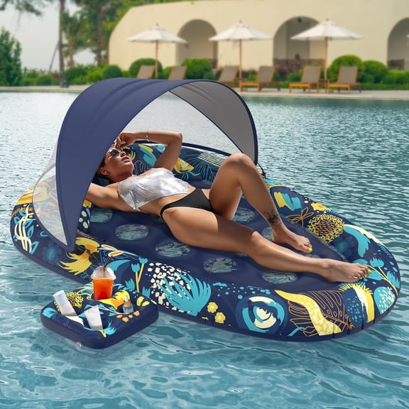 3-in-1 Pool Floats with Canopy Cup Holder, Tanning Pool Large 73" x 48" Float Adult Heavy Duty, Inflatable Lounger Raft Floating Chair with Backrest, Swimming Pool Lake Beach Party
