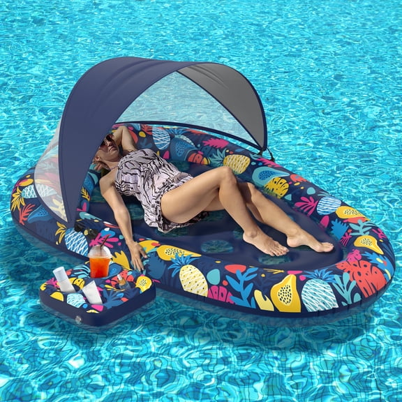 3-in-1 Pool Floats with Canopy Cup Holder, Tanning Pool Large 73" x 48" Float Adult Heavy Duty, Inflatable Lounger Raft Floating Chair with Backrest, Swimming Pool Lake Beach Party