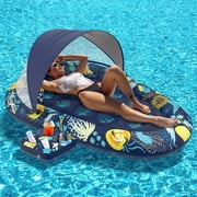 3-in-1 Pool Floats with Canopy Cup Holder, Tanning Pool Large 73 x 48 Float Adult Heavy Duty, Inflatable Lounger Raft Floating Chair with Backrest, Swimming Pool Lake Beach Party