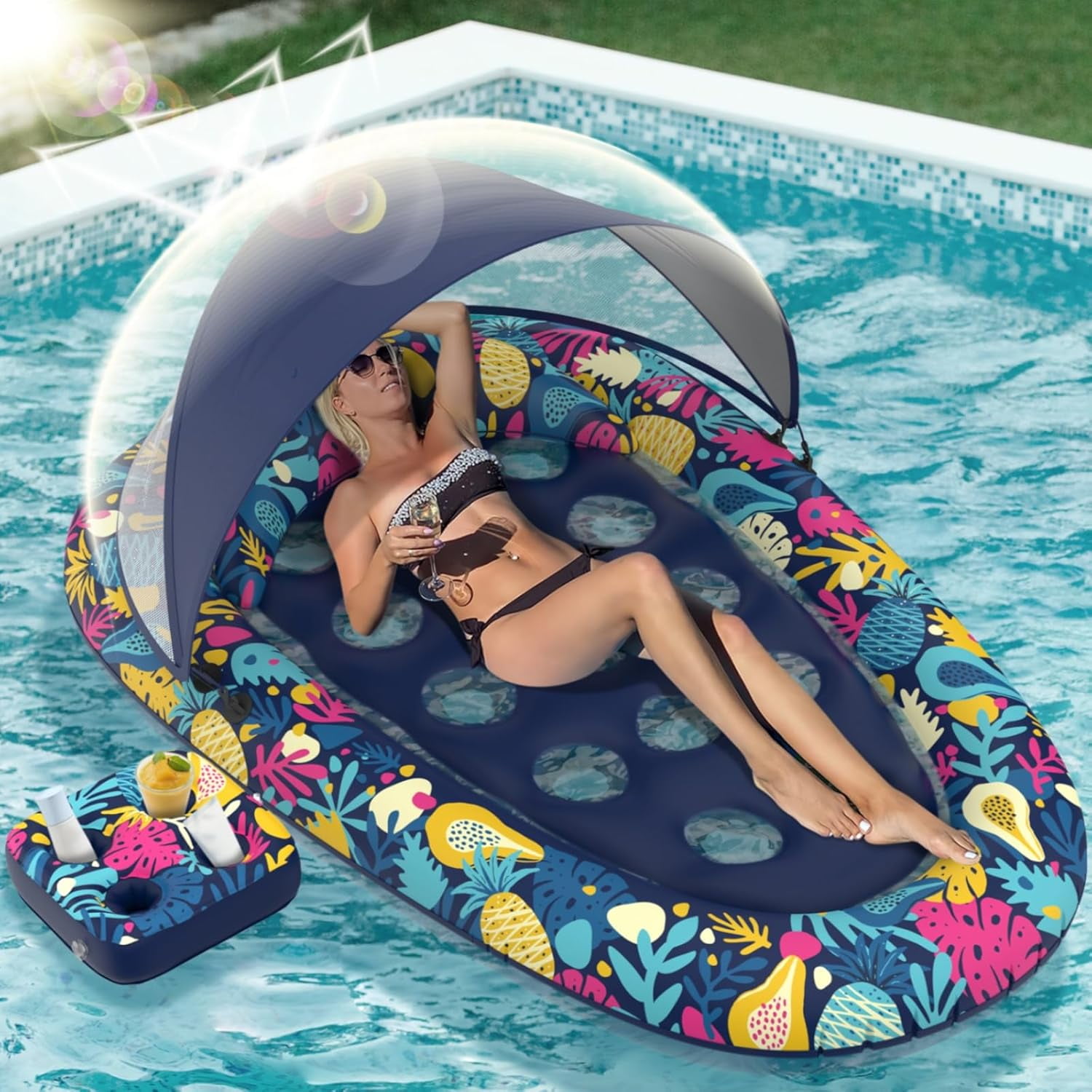 3-in-1 Pool Floats with Canopy Cup Holder, XL Large 73