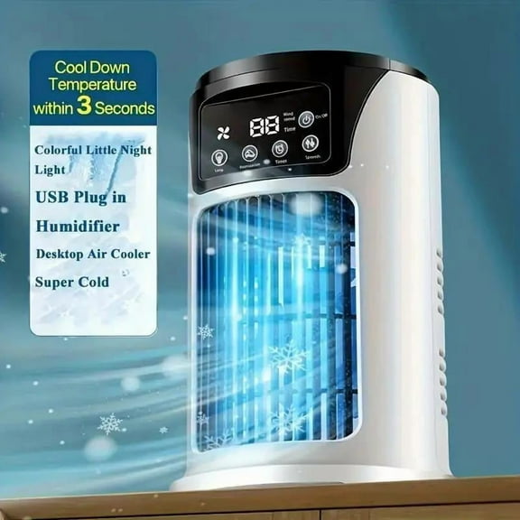 3-in-1 Portable Air Conditioner, Humidifier & Fan with Atmosphere Light - USB Powered, Compact for Office & Home, Sleek White & Blue Design