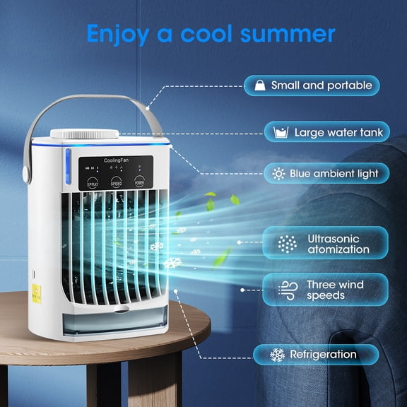 3-in-1 Portable Air Cooler Fan, Personal Evaporative Cooler with Humidifier & 7-Color Night Light, USB Desktop Cooling Fan for Home, Office, and Bedroom, White