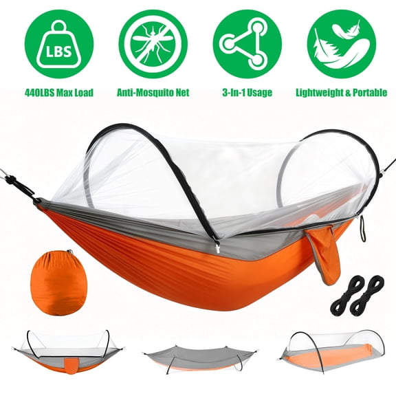 3-in-1 Portable Camping Hammock with Mosquito Net 440lbs Capacity Dual-Way Zippers Attached Storage Pocket for Outdoor Travel Hiking Backpacking (Orange+Gray)