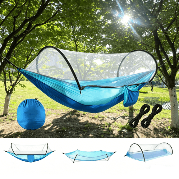 3-in-1 Portable Camping Hammock with Mosquito Net Dual-Way Zippers 440lbs Capacity Attached Storage Pocket for Outdoor Camping Hiking Backpacking