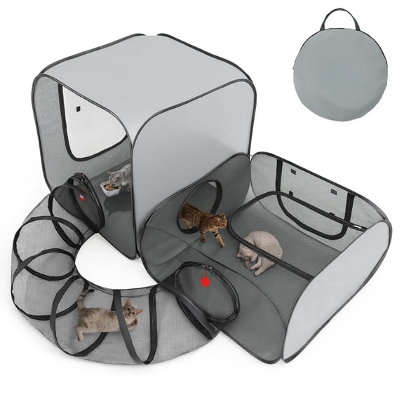 3-in-1 Portable Cat Playpen with Tunnel, Pop-Up Outdoor Pet Enclosure for Indoor and Outdoor Use, Breathable Catio Tent System for Kittens and Small Animals with Travel Carry Bag