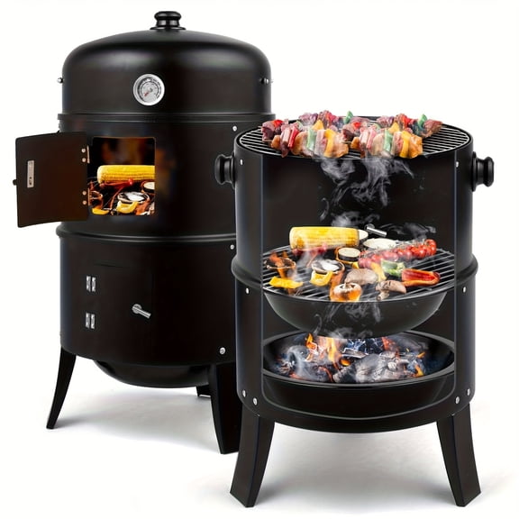 3-in-1 Portable Charcoal Grill/Smoker/Fire Pit - Heavy-Duty Steel, Built-in Thermometer & Adjustable Height, Spacious Grate (No Electricity) for Camping/Backyard/Tailgating/BBQ Gatherings