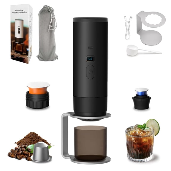 3-in-1 Portable Coffee Maker, 15 Bar Portable Espresso Machine with LED Display and 90ml Sink, Travel Coffee Maker Self-Heating Compatible with Ground Coffee & Capsules for RV, Office